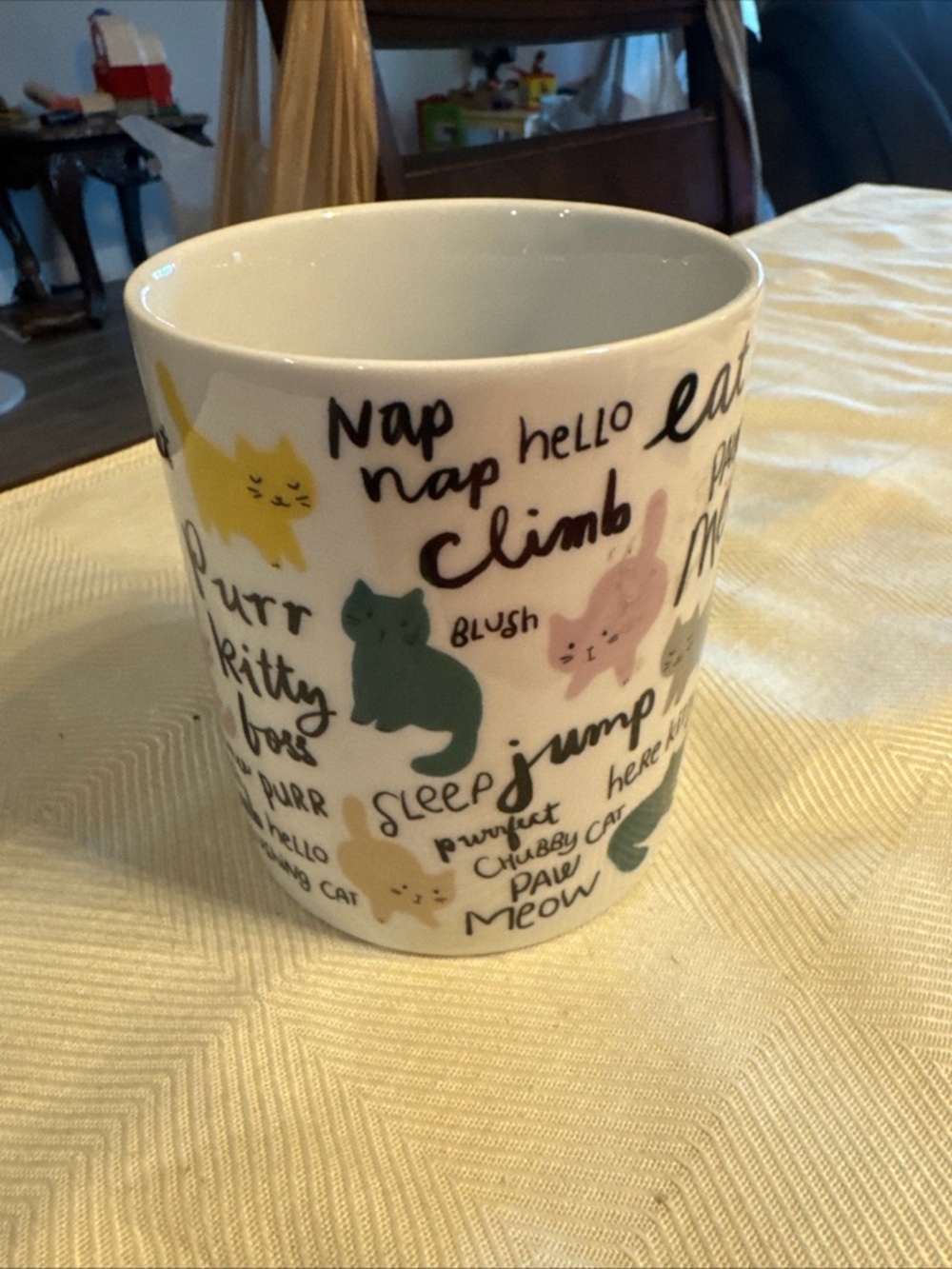 Cat Print Ceramic Mug in Yellow, Green, Pink, Beige